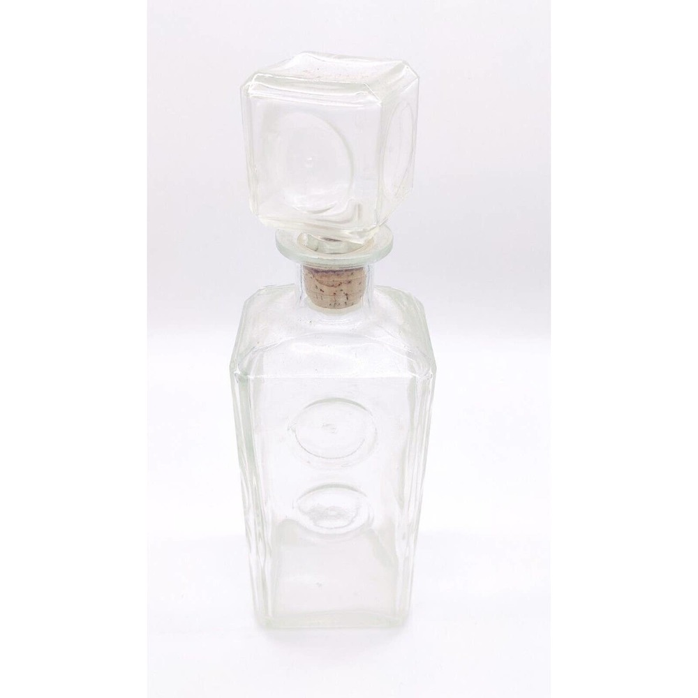 Vintage Decanter Whiskey Art Deco Clear Glass Circular Pattern W/ Square Stopper